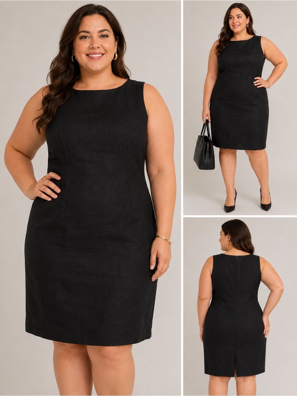 Talbots Black Sleeveless Sheath Linen Midi Dress Size 14P Minimalist Classic